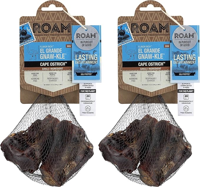ROAM Pet Treats Ostrich Bones for Dogs - El Grande Knucle Ostrich Bone, Dog Chew for Small to Medium Breeds (Pack of 2)