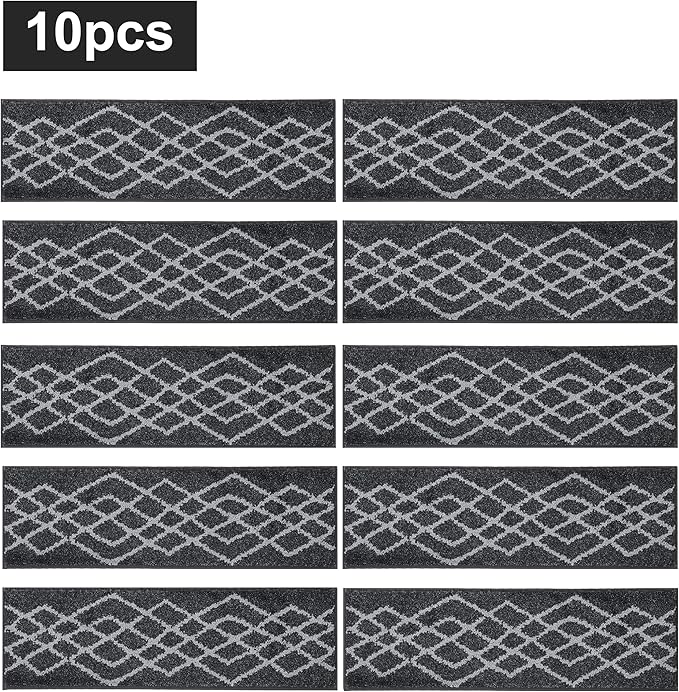 COSY HOMEER Soft Stair Treads Non-Slip Carpet Mat 28inX9in Indoor Stair Runners for Wooden Steps,Stair Rugs for Kids and Dogs, 100% Polyester TPE Backing 10pcs,Black,Rhombus