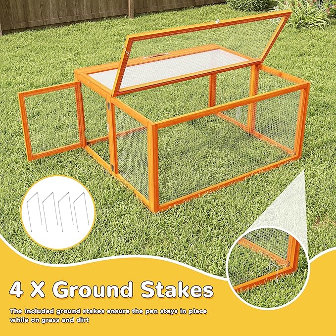 Nyeekoy Portable Chicken Coop with UV-Proof Panel, 4X Garden Stakes, Wooden Rabbit Hutch, Chicken Brooder Box Indoor, Outdoor Folding Chicken Cage, Top & Side Openable Doors, 43.3Inch (Orange)