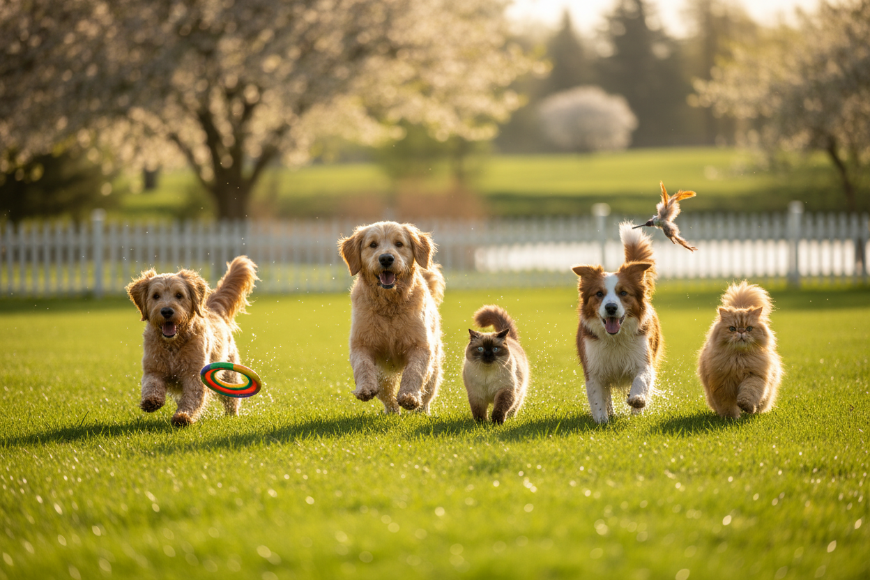 Happy Pets on Green Lawn